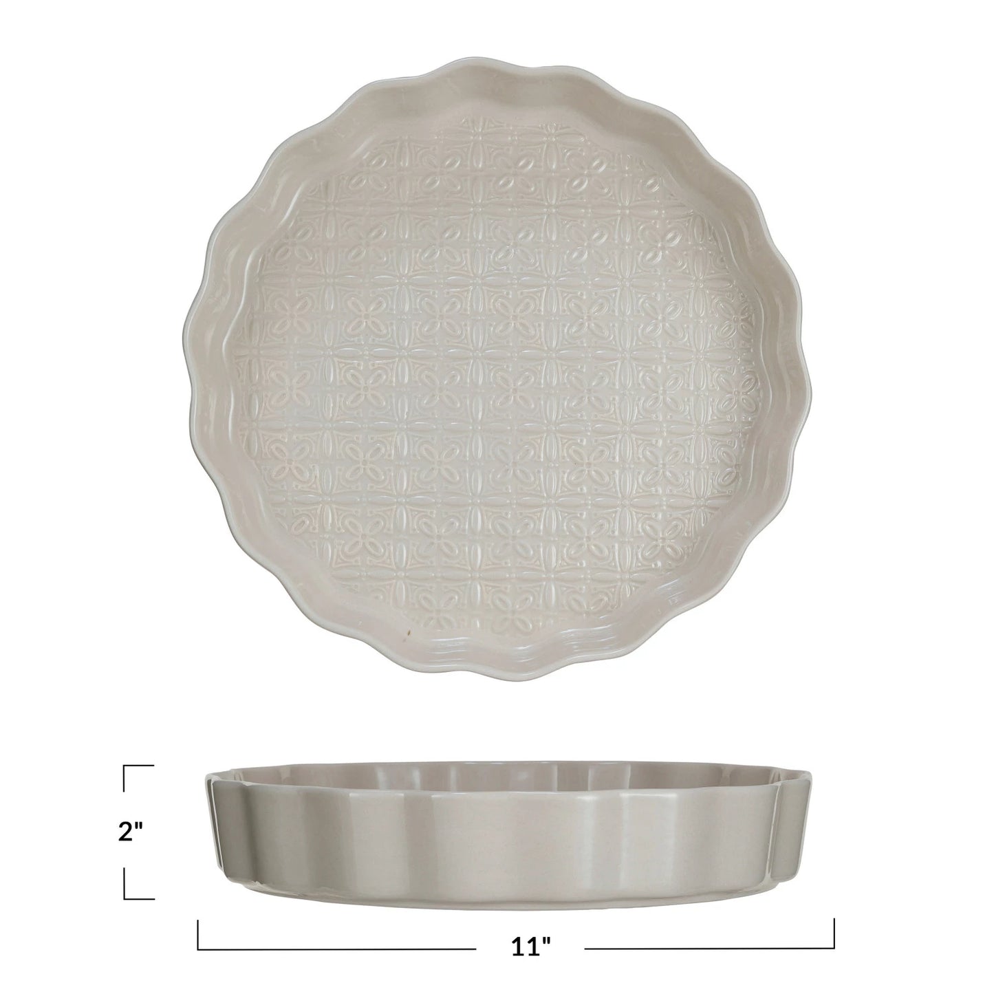 Embossed Stoneware Fluted Pie Dish w/ Pattern, Cream Color