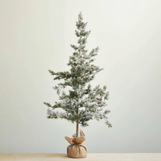 Faux Evergreen Tree in Burlap Sack, Snow Finish, Green & Natural, KD